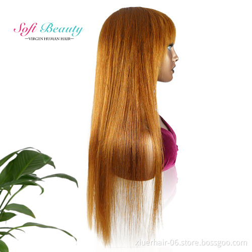 Wholesale No Lace Orange Color Manufacturers Glueless 10A Deep Straight Wave Wholesale with Fringe Human Hair Machine Wig